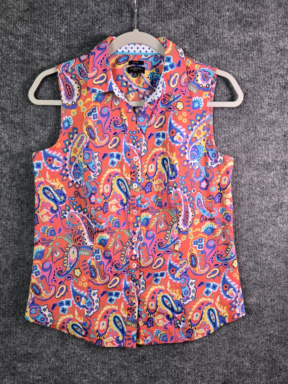 Talbots Top Womens S Petite Pink Paisley Sleeveless Button Up Colorful Statement